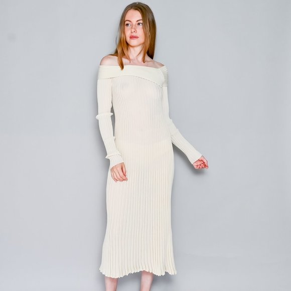 GIA STUDIOS Off-the-Shoulder Ribbed-Knit Midi Dress Cream Sz 38 - Picture 8 of 8